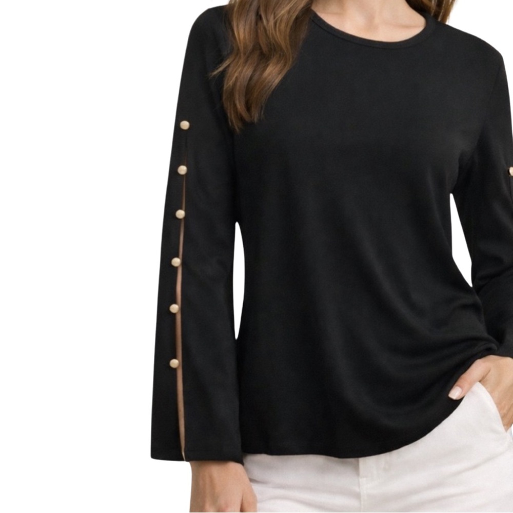 Michael Kors Open Long Sleeve Top in Black w/ Gold Sleeve Accents • Size Medium